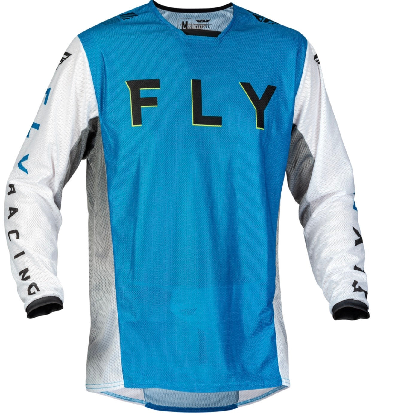 FLY Kinetic Mesh Kore Set Blue/White/Hi-Vis – Jersey Size M / Pants Size 30 | Performance Mesh Set
