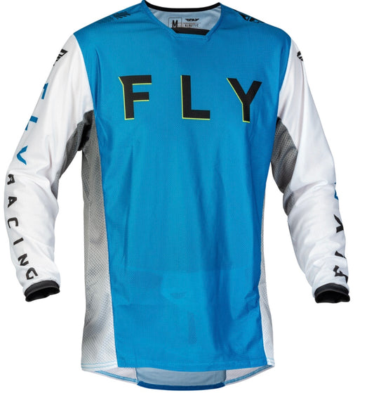 FLY Kinetic Mesh Kore Set Blue/White/Hi-Vis – Jersey Size M / Pants Size 30 | Performance Mesh Set