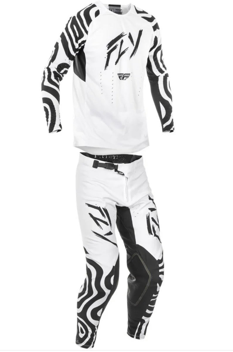 Fly Racing 2025 Evolution DST Abyss Gear Combo – White/Black | Jersey Large & Pants 34